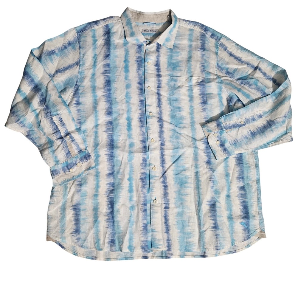 Tommy Bahama Mens Blue White Ikat Tie Dye 100% Linen Long Sleeve Shirt XL